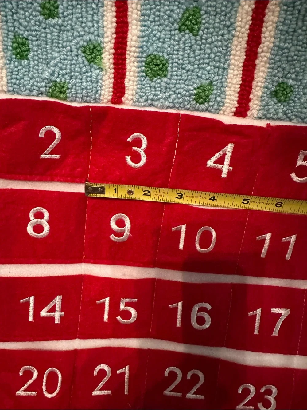 Textured Hooked Fabric Red Snowman Advent Calendar Wall Hanging